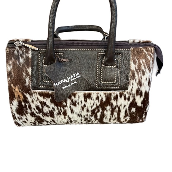 Flavia Maria Brown and White Cowhide Genuine Leather Handbag - Cowhide Print Bag - Picture 1 of 4